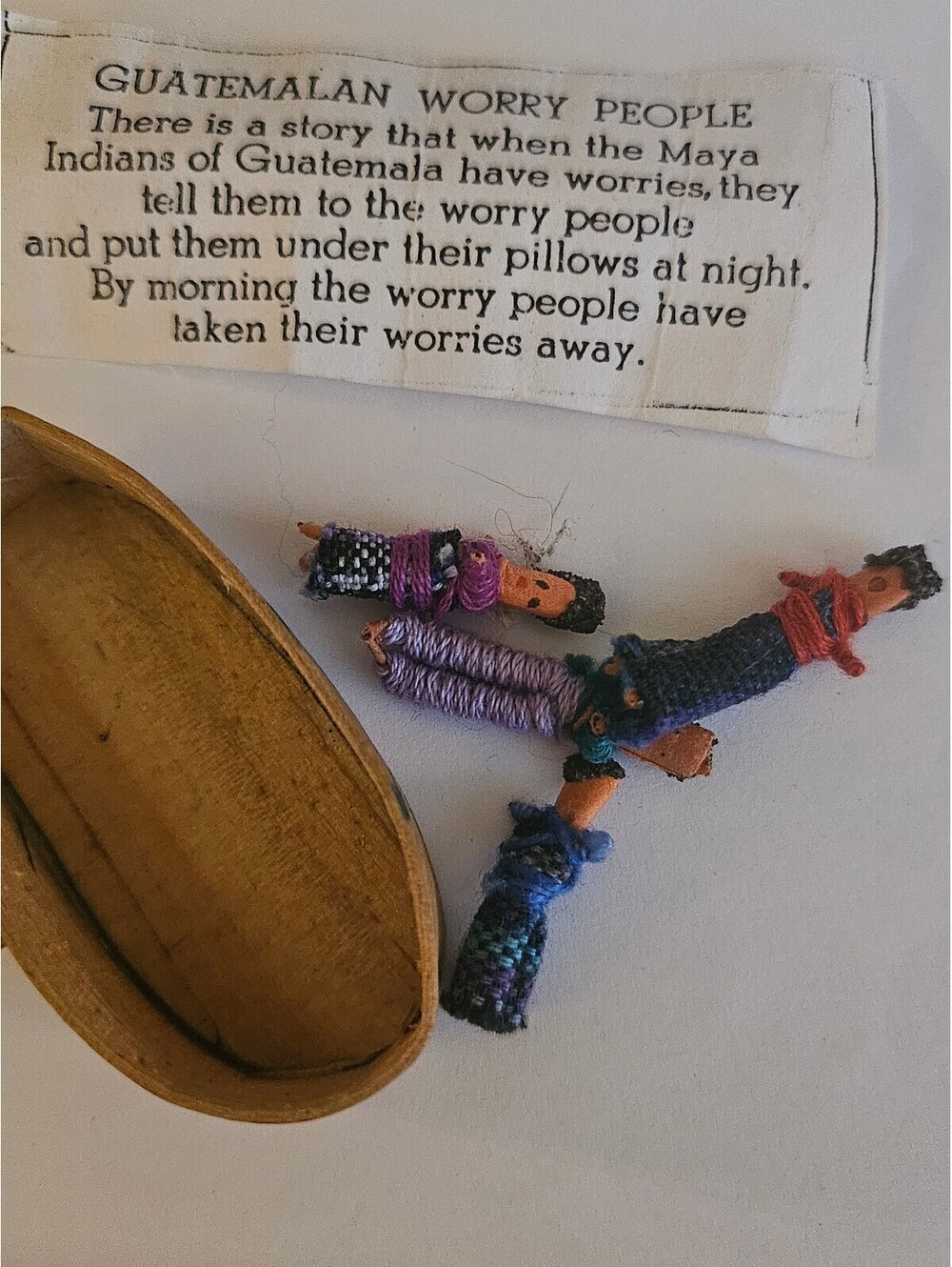 Vintage Guatemalan Mini Worry Trouble Dolls in handmade box Authentic 1”Tall
